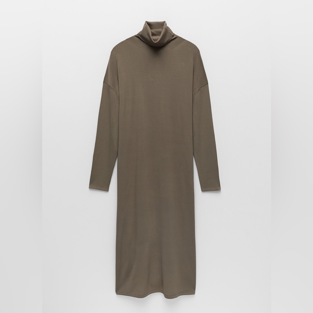 Zara Long Knit Turtleneck Dress Brown Minimalist Size Small NWT